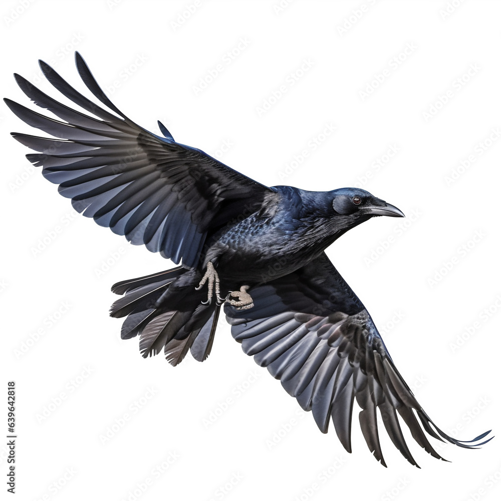 Grand corbeau en vol (Corvus corax) avec transparence, sans background - obrazy, fototapety, plakaty 