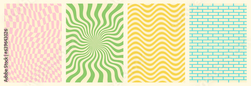 Groovy backgrounds set. Retro groovy texture. 60s and 70s style. Hippie backgrounds. Psychedelic funky abstract. Groovy poster template. Nostalgia for the 70s.