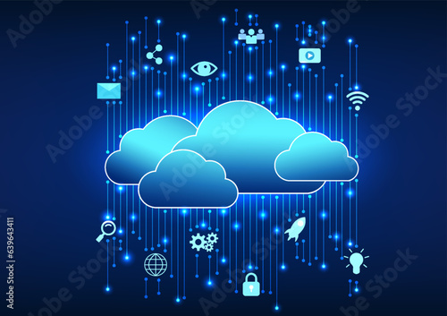 Cloud technology, multi layered overlapping clouds With circuit connected technology icons Refers to the cloud technology used to store data over the Internet and can sync the data to the receiver.