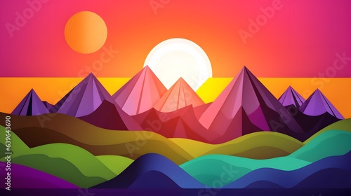 Nature landscape with mountain and sun in paper cut style. Illustration of rock in craft paper art.