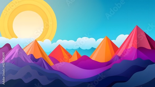 Nature landscape with mountain and sun in paper cut style. Illustration of rock in craft paper art. © bravissimos
