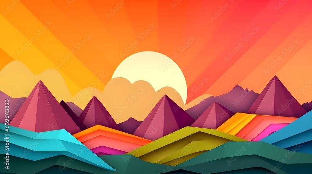 Nature landscape with mountain and sun in paper cut style. Illustration of rock in craft paper art. Nature landscape with mountain and sun in paper cut style. Illustration of rock in craft paper art.