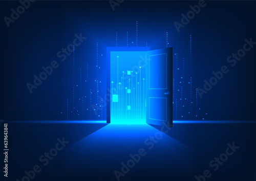 Photographie Technology background Gateway to the world of technology that accesses information and communication The inner door is a circuit of technology with attractive line elements