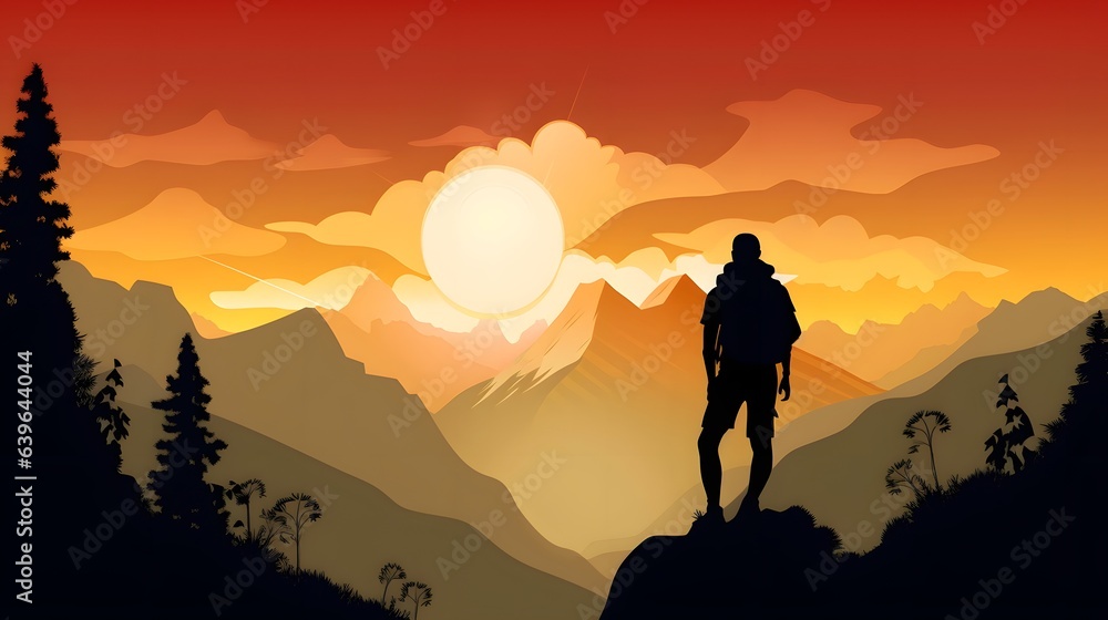 Fototapeta premium Nature landscape with mountain and sun in paper cut style. Traveler illustration craft paper art.