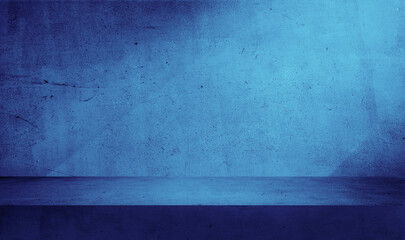 minimal abstract blue concrete background with light for product presentation. shadow and light from windows on cyan rustic plaster wall. blue studio backdrop. dramatic, blue modulations.
