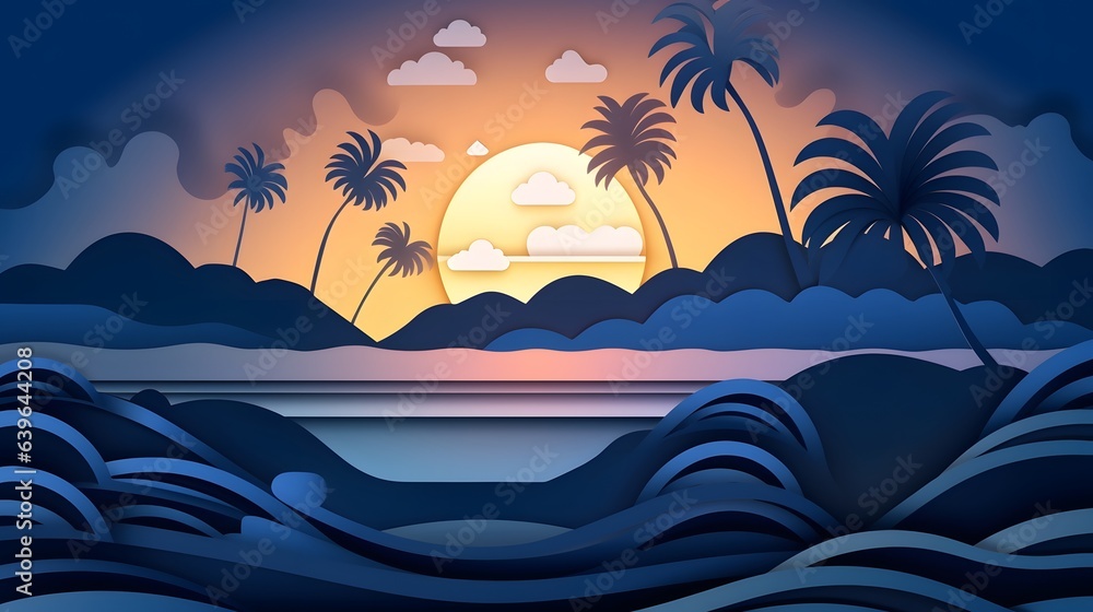 Illustration of ocean view and sunset in the evening sea. Beautiful sunset seascape, paper cut and craft illustration.