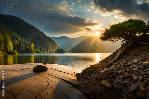 Eco concept. Ants bring piece of living nature at empty rock. Federal ant pro...