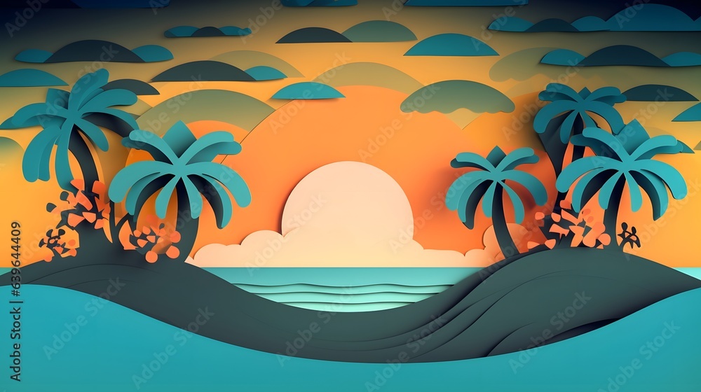Illustration of ocean view and sunset in the evening sea. Beautiful sunset seascape, paper cut and craft illustration.