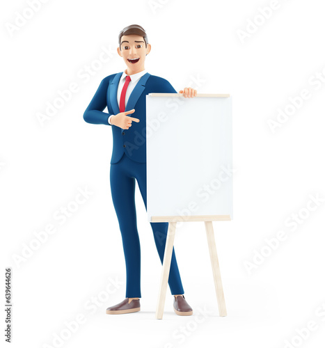 3d cartoon businessman pointing to wooden easel with blank canvas