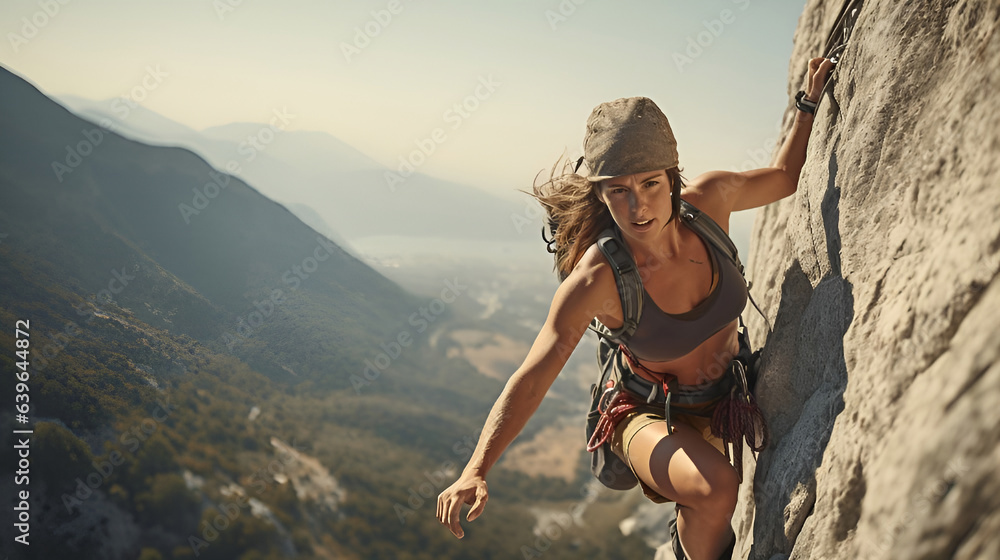 A female climber climbs a mountain at high altitude in good weather, created by artificial intelligence - obrazy, fototapety, plakaty 