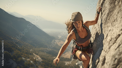 A female climber climbs a mountain at high altitude in good weather, created by artificial intelligence