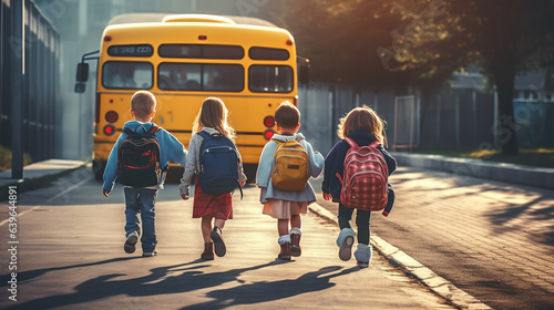 Young children walk in a group to the yellow school bus.Created with Generative AI technology.