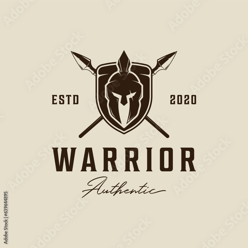 shield and spear with helmet of spartan logo vintage vector illustration template icon graphic design. warrior and weapon sign or symbol for business and sport concept with retro typography style