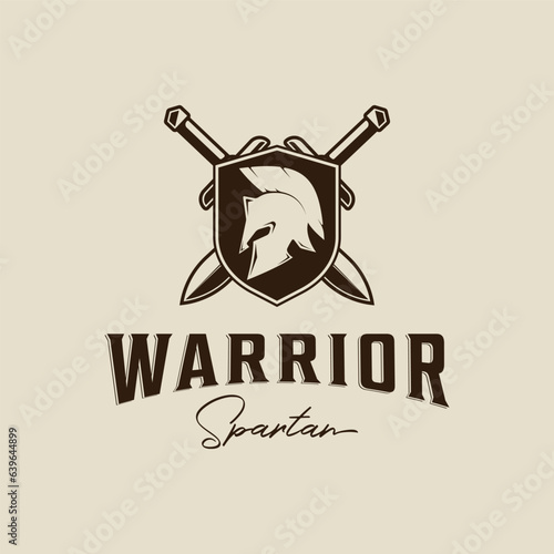 shield and sword of spartan logo vintage vector illustration template icon graphic design. helmet and mask of warrior sign or symbol for business or sport concept with retro typography style