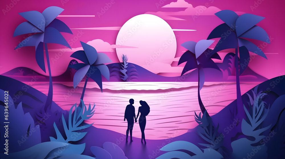 Romantic love Illustration of ocean sunset in the evening with girl and boy. Paper cut and craft style illustration.