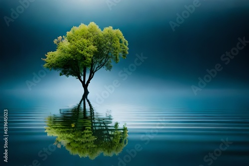 Fresh young leaves on a branch touching water surface(in the horizontal compo...