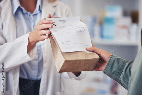 Pharmacy, hands and prescription medicine for customer with paper bag for healthcare, drugs and pharmaceutical. Closeup of a pharmacist or medical worker with person in drugstore for retail service photo