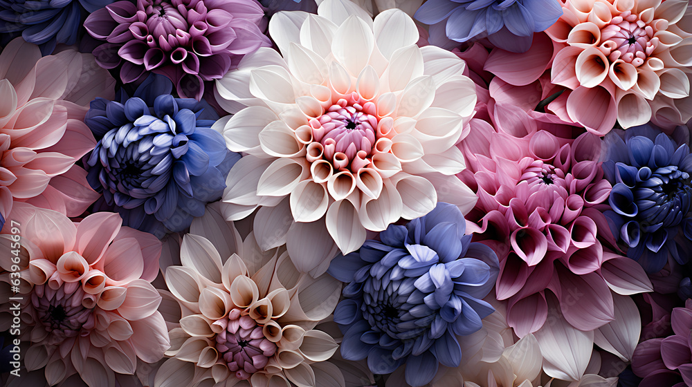 Flowers wall background with amazing pink, purple, and white dahlia flowers ,Wedding decoration, hand made Beautiful flower wall background