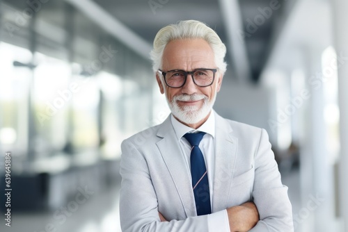 portrait of old businessman white hair  in office background