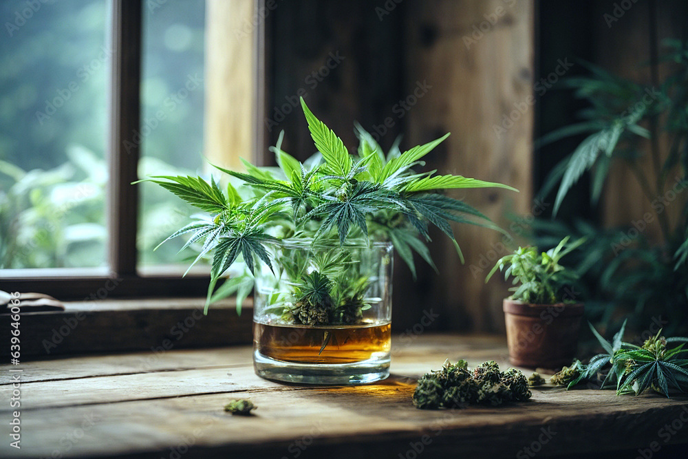 una pianta di cannabis in un vaso di vetro con all'interno  dell'acqua di colore marroncina, appoggiata su un tavolo in legno in un ambiente rustico - obrazy, fototapety, plakaty 