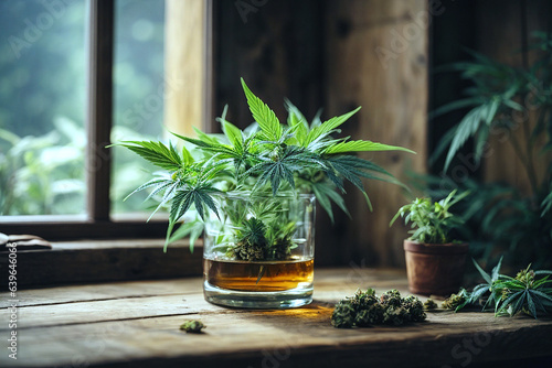 una pianta di cannabis in un vaso di vetro con all'interno dell'acqua di colore marroncina, appoggiata su un tavolo in legno in un ambiente rustico