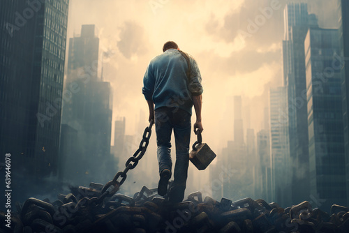 Wallpaper Mural illustration of a depressed man dragging chains on his way to work. mental health and depression concept Torontodigital.ca