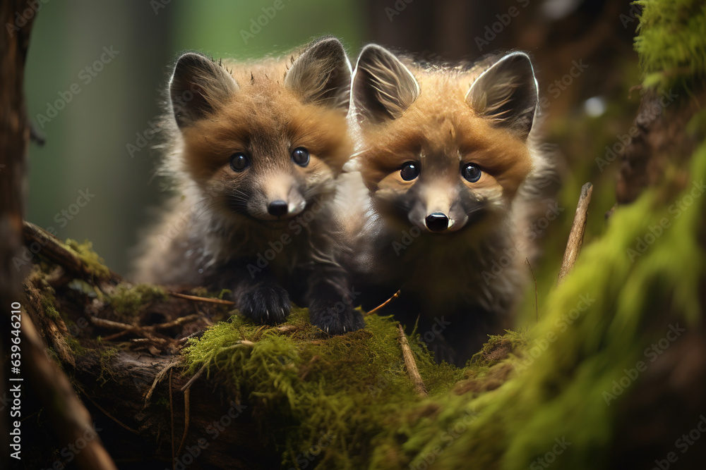 Wild baby red foxes playing in the deep forest Wild baby red foxes playing in the deep forest