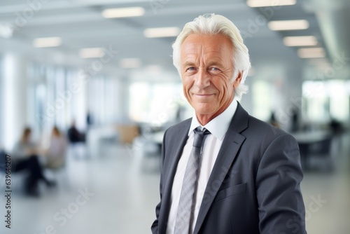 a portrait of older businessman white hair in smile, office background, 50s aged 