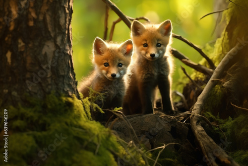 Wild baby red foxes playing in the deep forest © arhendrix