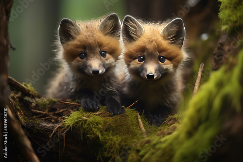 Wild baby red foxes playing in the deep forest