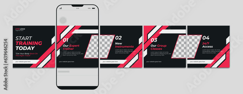 Carousel post template. Gym instagram microblog carousel post. Editable social media carousel post for fitness center, template eps 10.