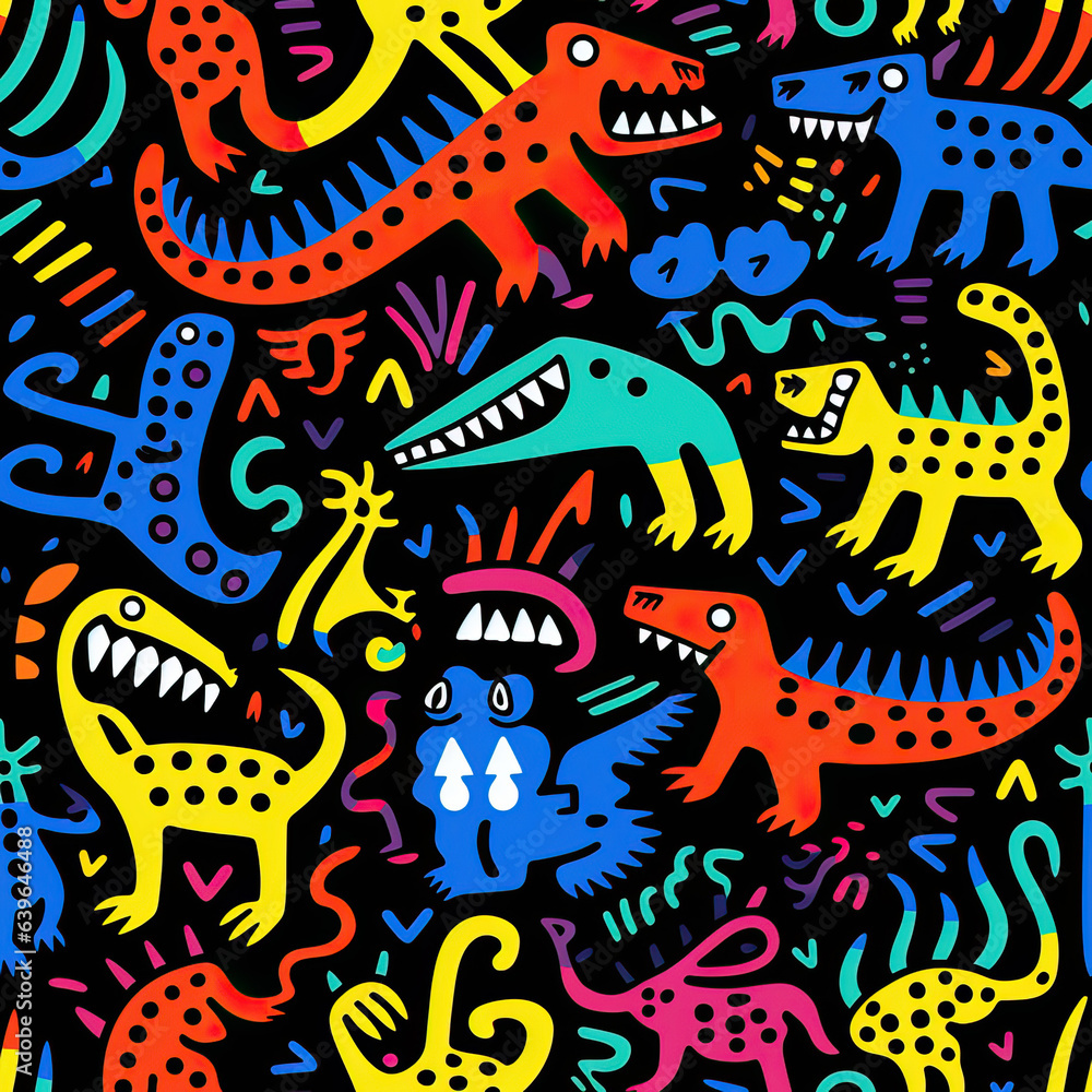 Dinosaur pattern, cute cartoon childish funny repeat dino doodles