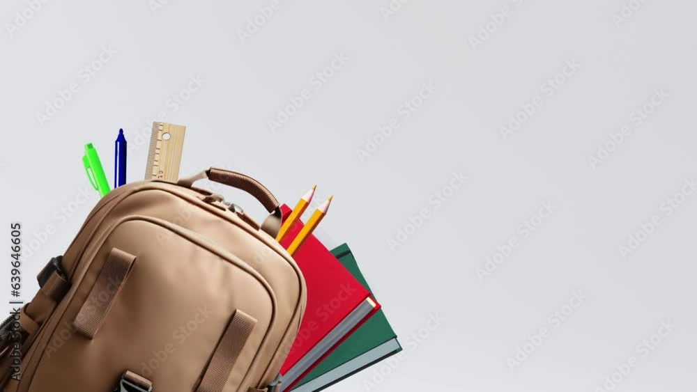 Brown leather backpack with school supplies isolated on a white ...