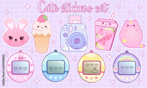 inspiration 2000's  kawaii  big set sticker layout fruit,  cute cartoon animals and fruits, watermelon, heart, ice cram , cat, bunny on purple background, soft pink color, pastel color stickers 