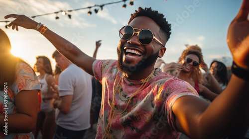 Young man dancing at outdoor party surrounded by friends.