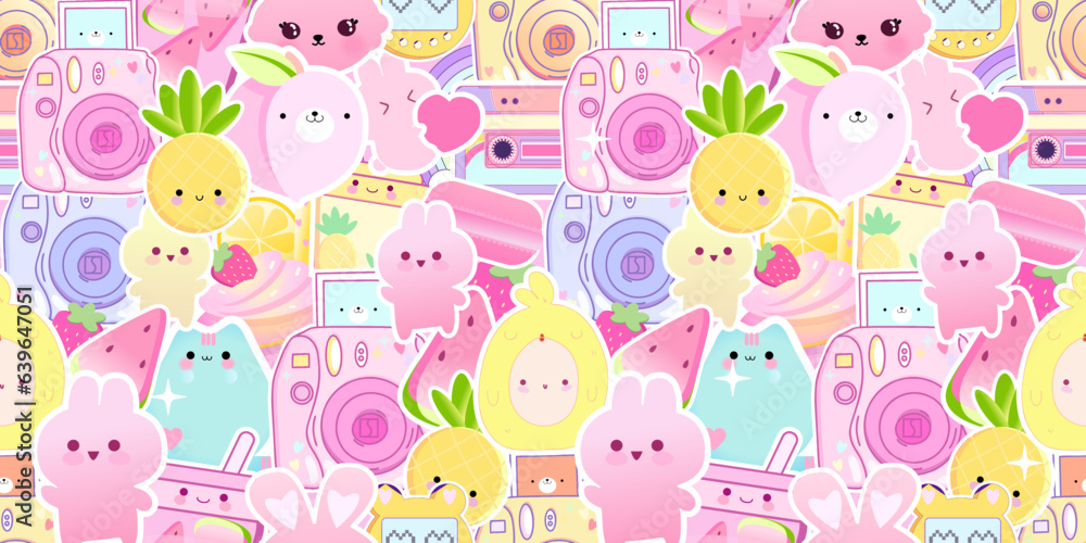 Sticker style wallpaper, inspiration cute inspiration kawaii print, seamless pattern vector tee