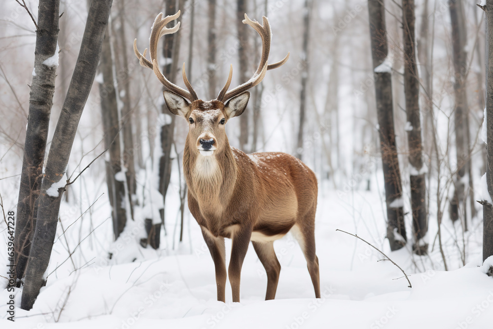 Noble deer male in winter snow forest looking to camera Noble deer male in winter snow forest looking to camera
