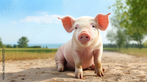 A pig cute newborn standing on a grass lawn. concept of biological , animal health , friendship , love of nature . vegan and vegetarian style