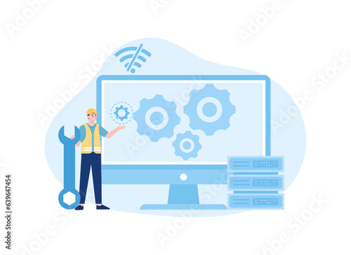 Repair troubleshooting on the computer concept flat illustration