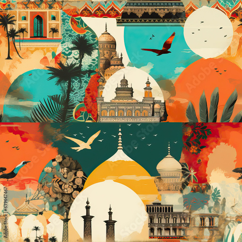 India culture cartoon art collage repeat pattern