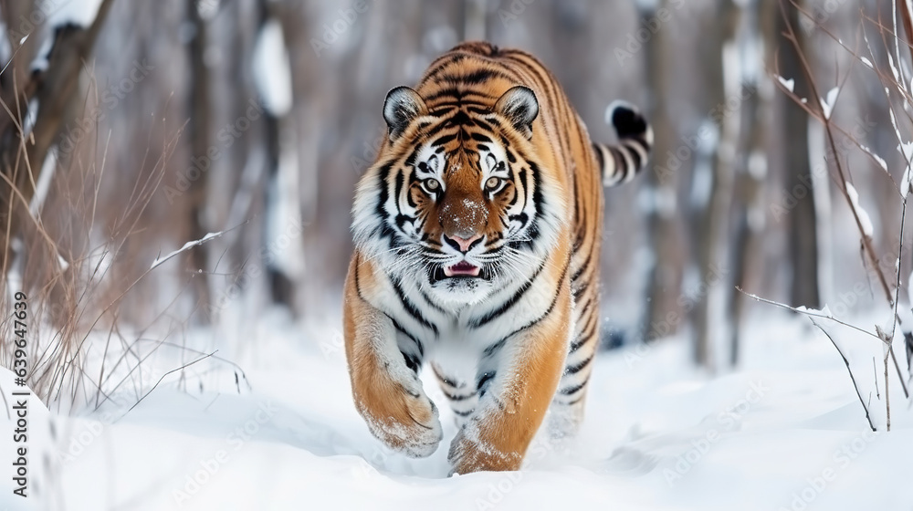 Fierce Tiger in wild winter nature running in the snow wildlife action scene with dangerous animals, cold winter in taiga