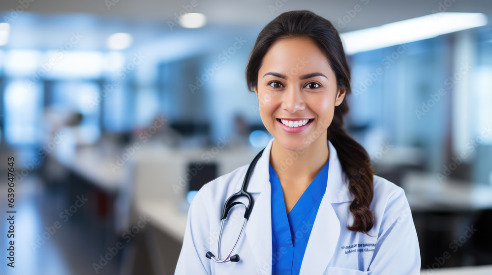 Portrait of beautiful woman doctor looking at camera at blurred hospital background. Portrait of beautiful woman doctor looking at camera at blurred hospital background.