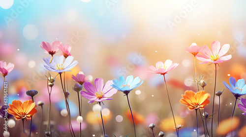 Colorful flower meadow with sunbeams and bokeh lights in summer. Generative Ai © hassanmim2021