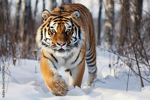 Fierce Tiger in wild winter nature running in the snow wildlife action scene with dangerous animals, cold winter in taiga
