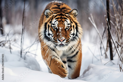 Fierce Tiger in wild winter nature running in the snow wildlife action scene with dangerous animals  cold winter in taiga