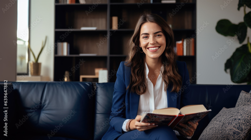 Happy professional female psychologist holding clipboard sitting at sofa in her office Happy professional female psychologist holding clipboard sitting at sofa in her office
