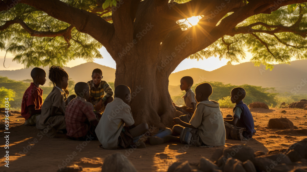 A group of African children are in school. An open-air lesson near a tree.