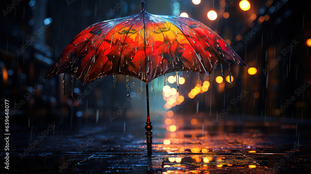 Umbrella in rain, Bright color. Generative Ai