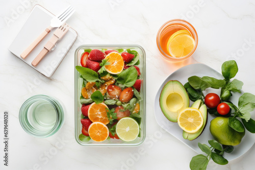 Lunchboxes with delicious food and glass of juice on white background