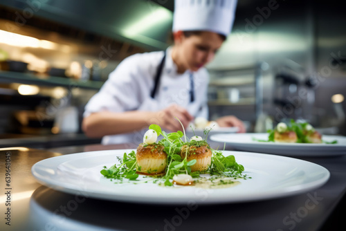 Close up of blurred female chef decorating french food in restaurant kitchen. Working concept suitable for cooking and working.